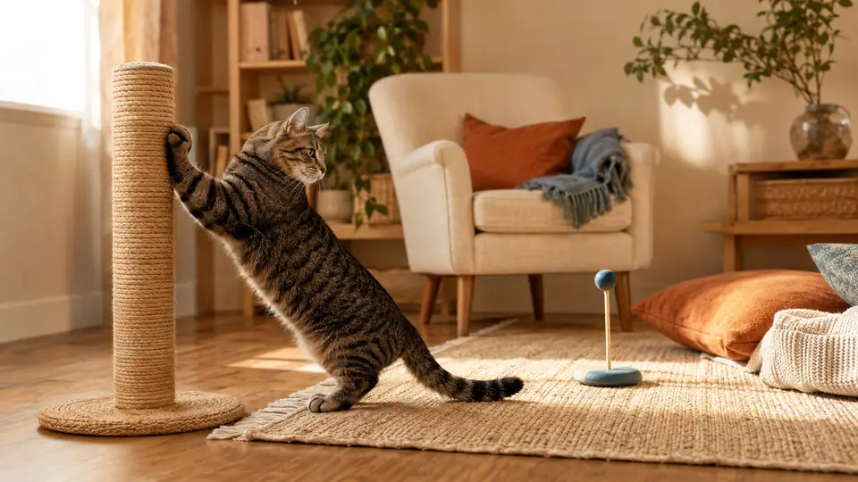 A tabby cat using a sisal scratching post in a sunny room.