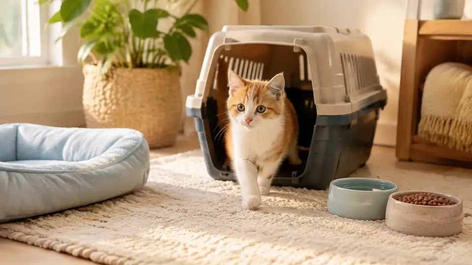 A kitten arriving at a prepared home with a carrier, bed, and bowls.