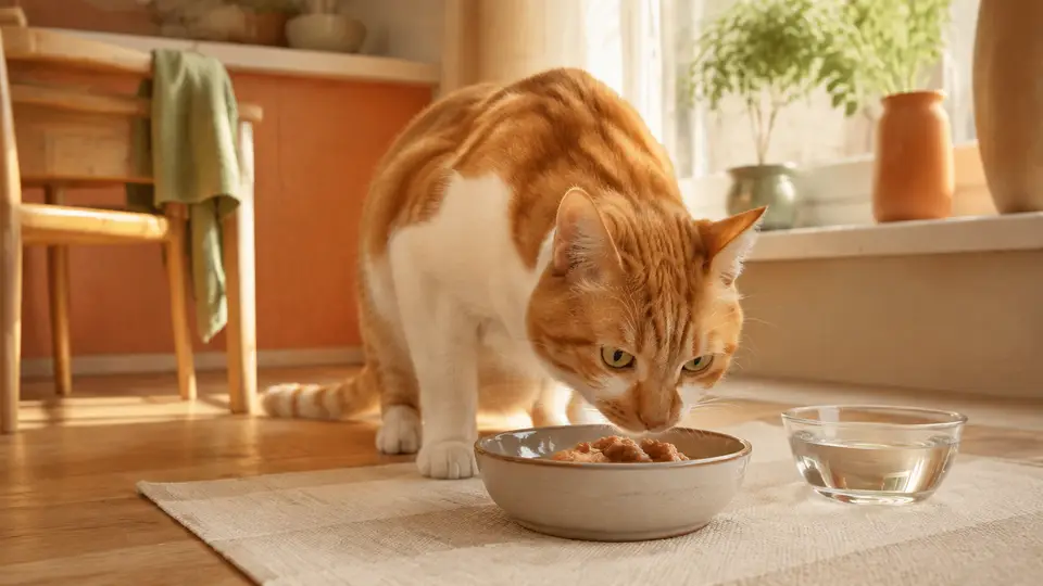 A cat eating from a ceramic bowl beside fresh water.