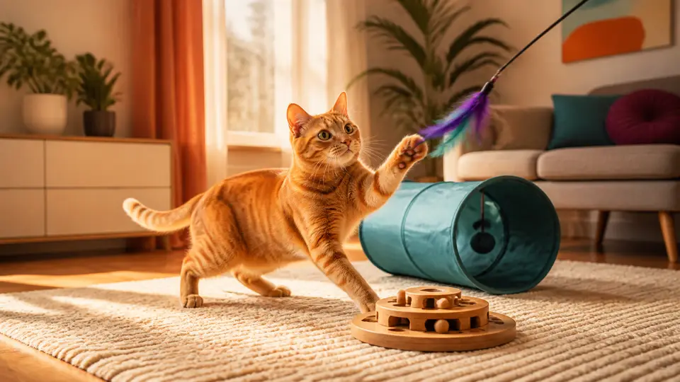 An active cat playing beside a tunnel and puzzle feeder.