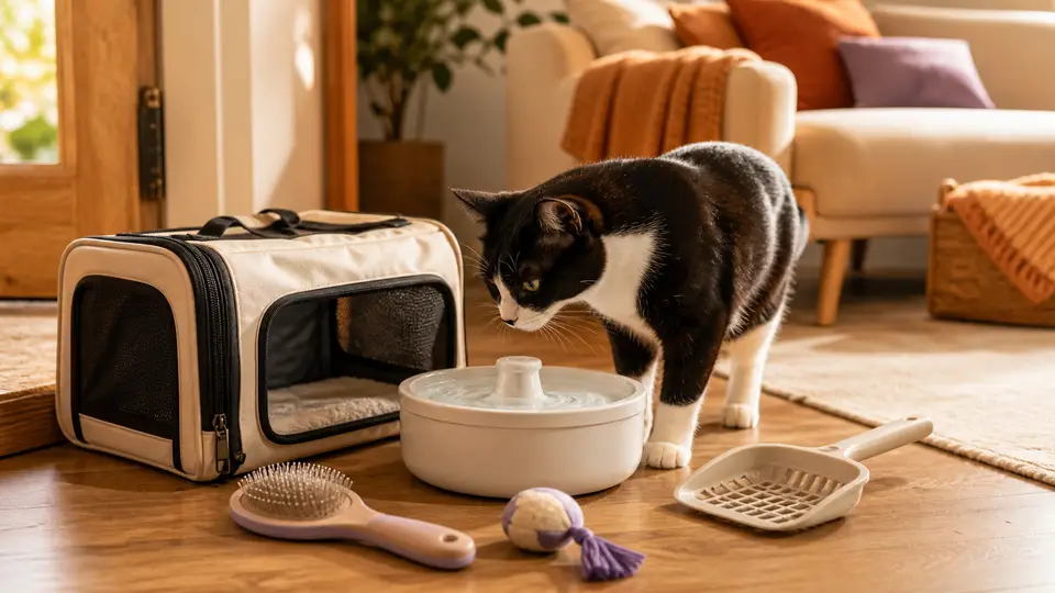 A cat inspecting a carrier, water fountain, brush, and litter scoop.