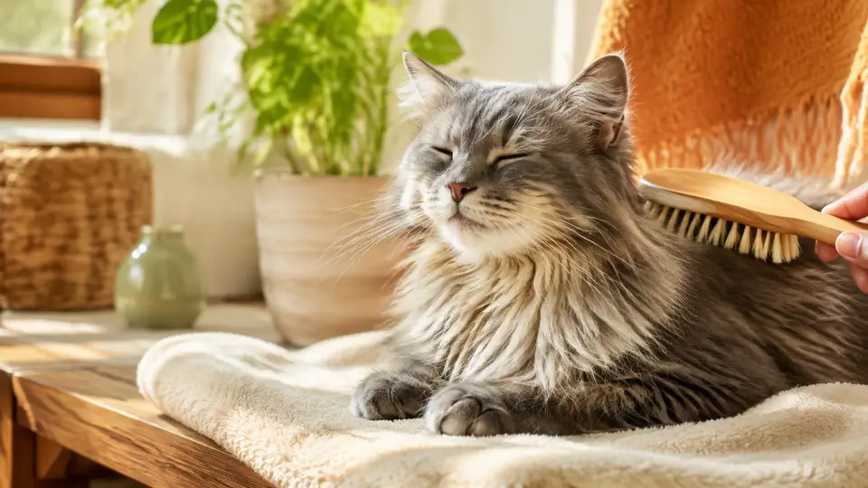 A relaxed cat being gently brushed at home.